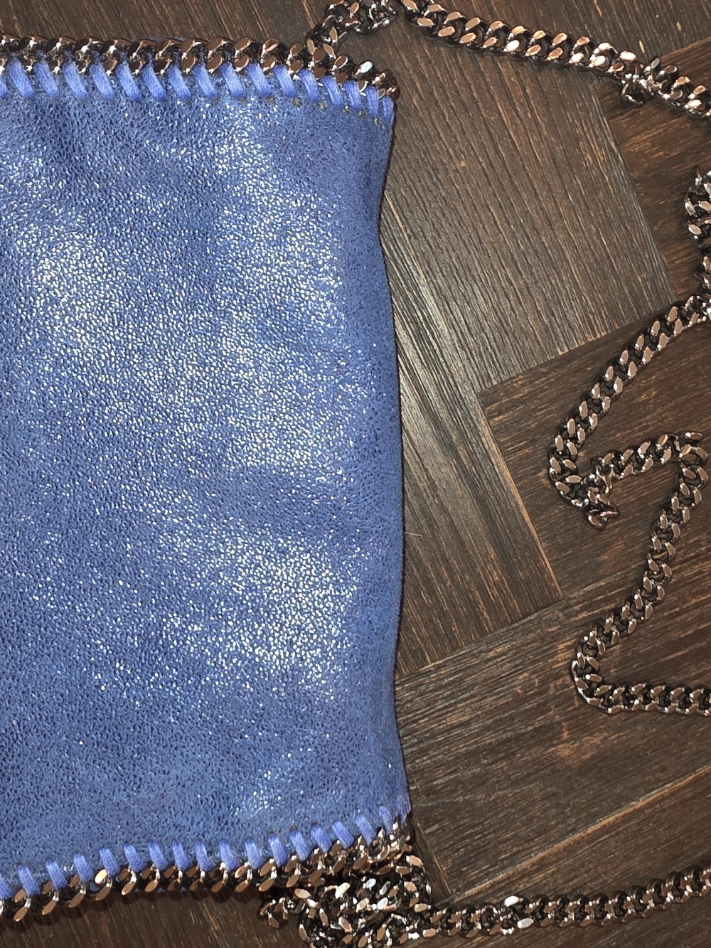 Stella McCartney Metallic Blue Vegan  Crossbody Clutch Bag with Gun Metal Chain